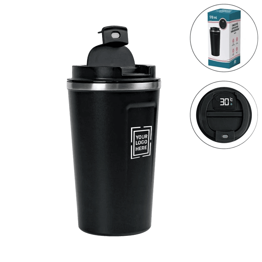 كوب من الفولاذ المقاوم للصدأ باللون الأسود مع غطاء وشاشة رقمية لدرجة الحرارة - 4