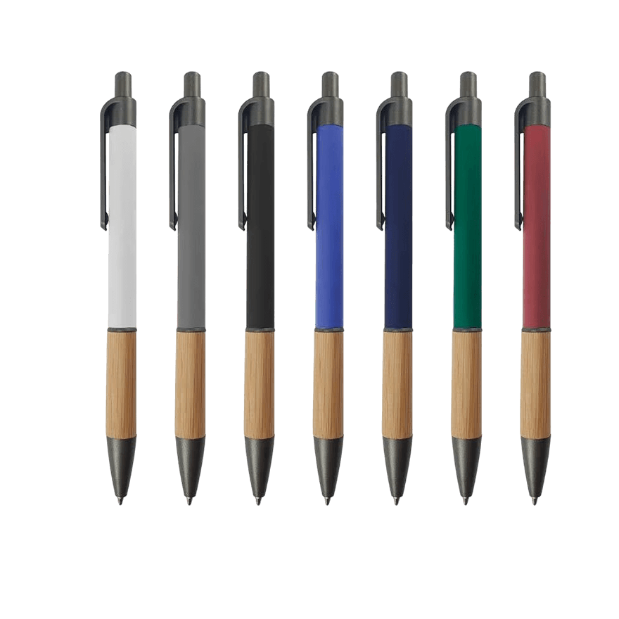 قلم حبر جاف مع زر دفع ومقبض من الخيزران